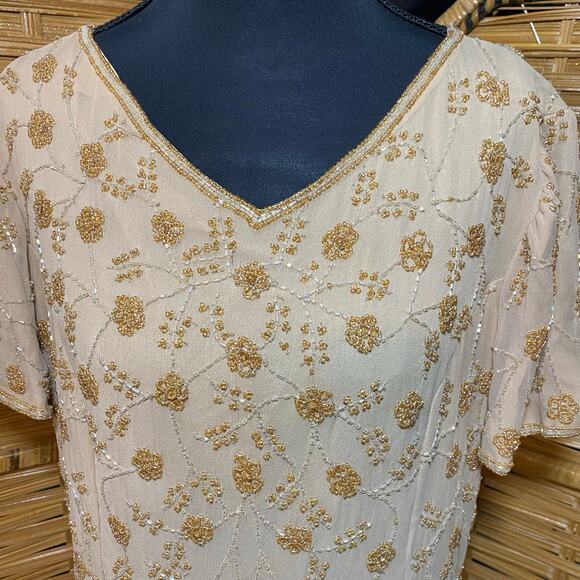 Adrianna Papell 100% Silk Beaded Gown Champagne Gold modest 14 formal cocktail - Picture 7 of 9